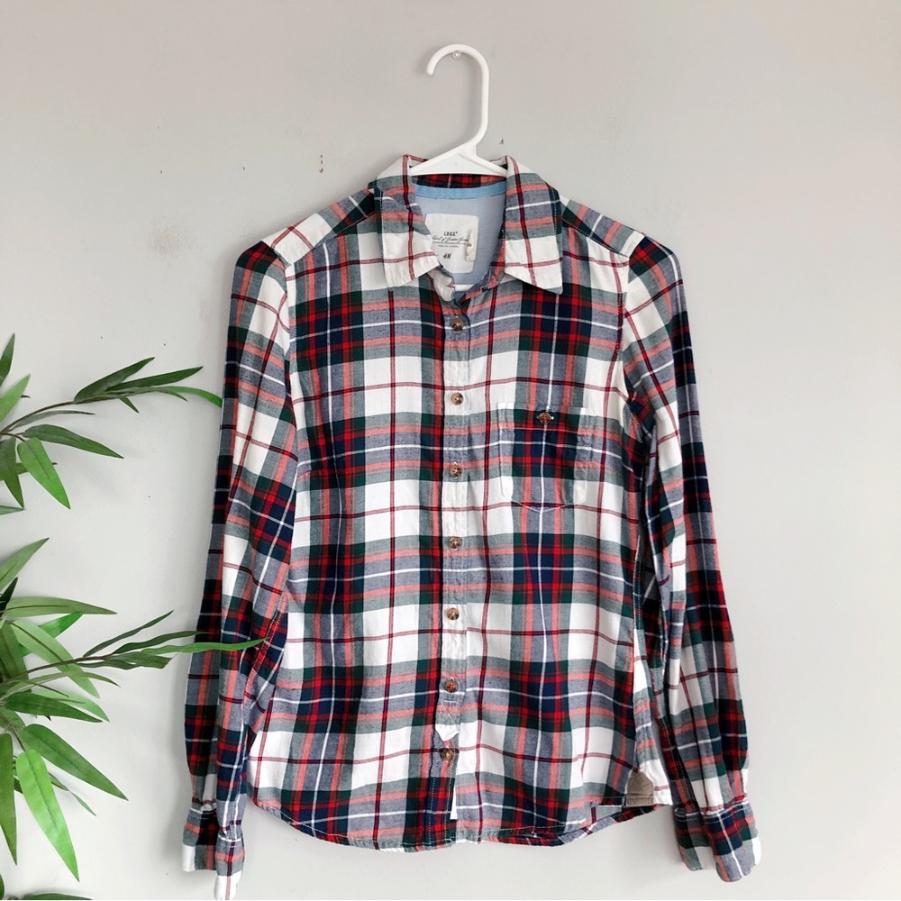 H&M L.O.G.G. Plaid Elbow Patch Button Down Top in White 4